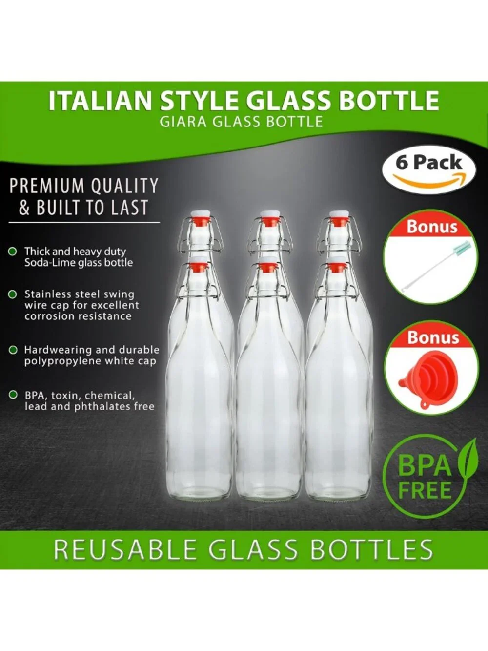 Set of 6 Flip Top Glass Bottles - 1L Airtight Containers for Beverages, Oil